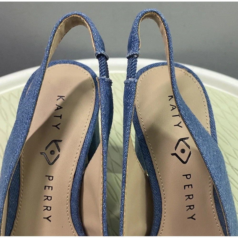 Katy Perry Women Denim Blue Dress Shoes Sling Back Silver Hollow Heel 5.5 M